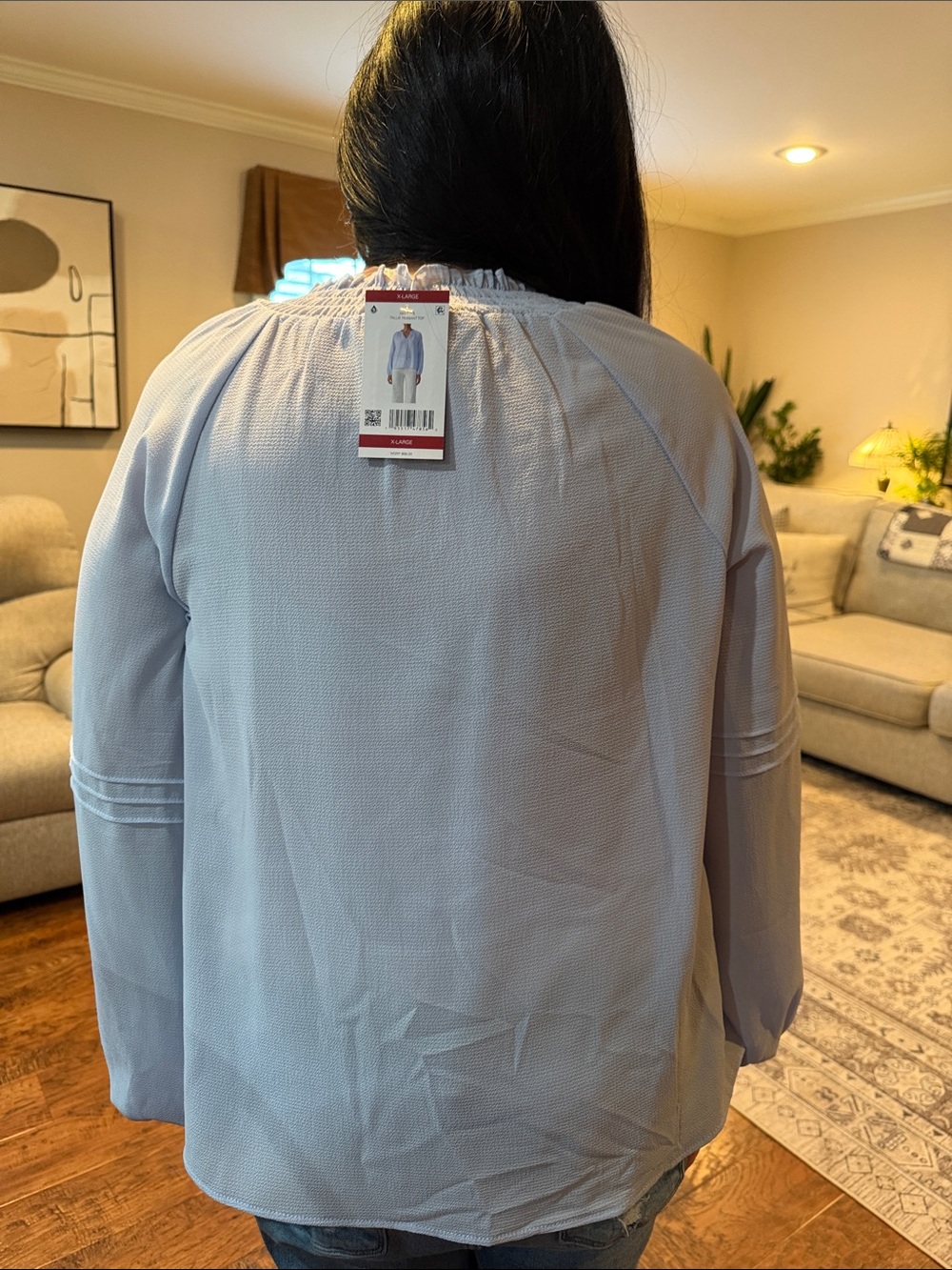 Elegant Light Blue Smocked Neck Blouse - Picture 12 of 15